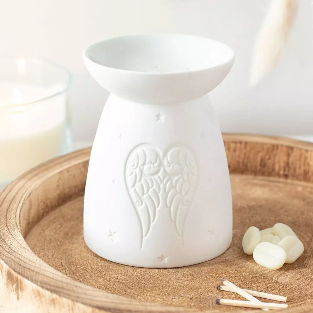Aromalampe - hvit keramikk englevinger, Velvære & røkelse, Eteriske oljer