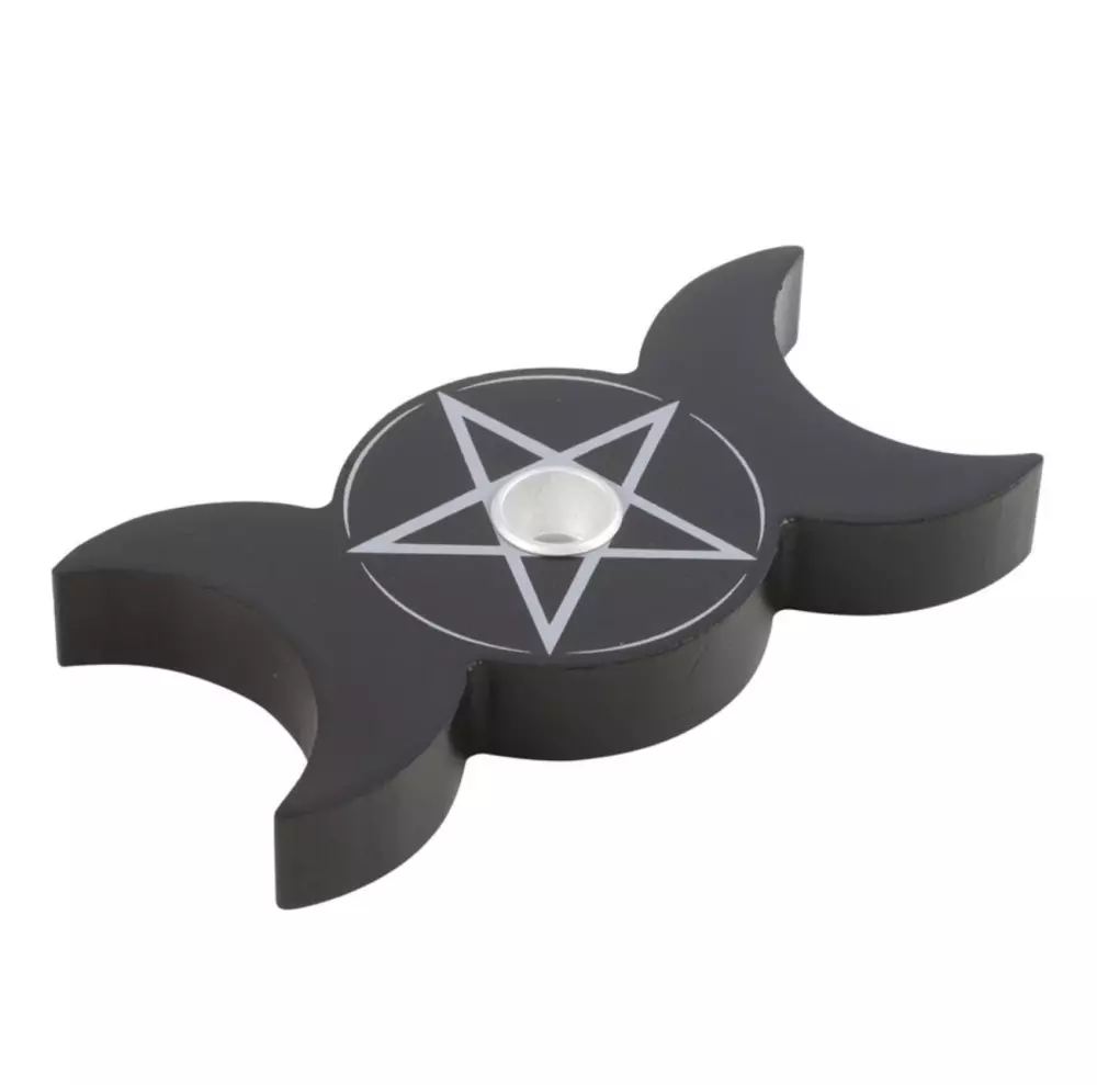 Beautifully crafted, practical, spellcasting accessory, triple moon design, safety emphasis, multiples of six, exclusive design, Black Magic range, specific spell candles, size variations, safety reminders., Trippel måne spell candle holder, Hjem & interiør, Interiør