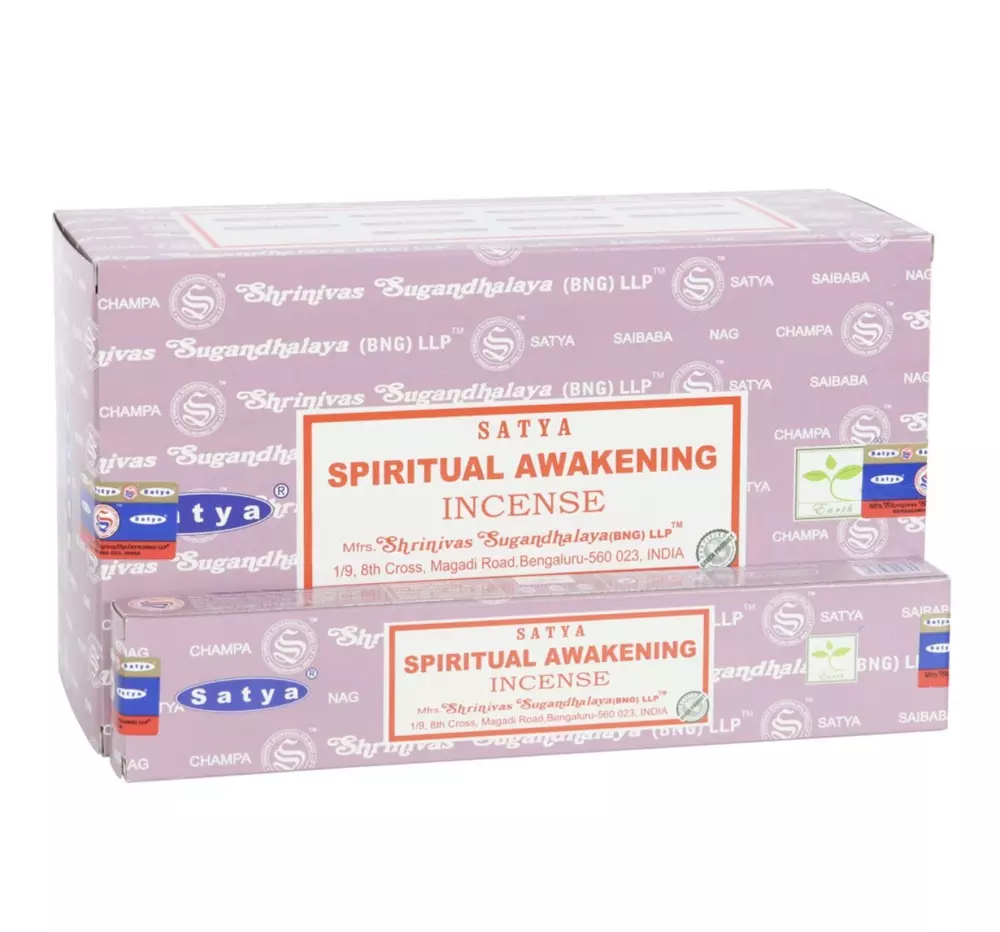 12 pakker, Satya Spiritual awakening røkelse, gjenoppretter følelsesmessig velvære, fremmer åndelig helbredelse, håndlaget i India, høykvalitets ingredienser, hver pakke 10-12 pinner, veganske vennlige