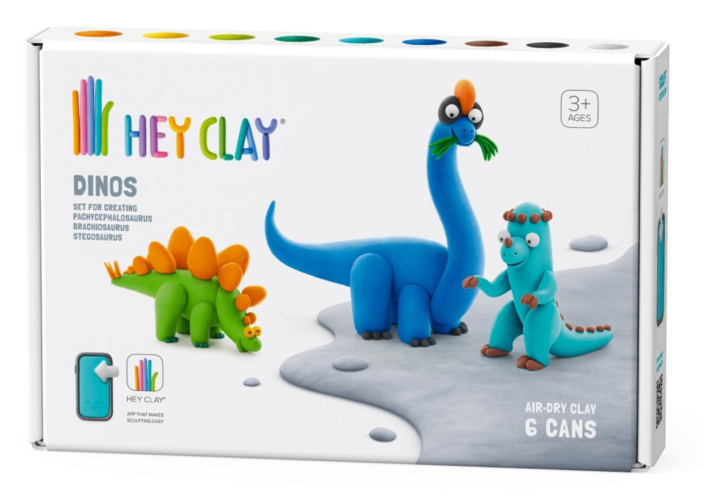 HEY CLAY - DINOS - 6 CANS: STEGOSAURUS, PACHYCEPHALOSAURUS, BRACHIOSAURUS