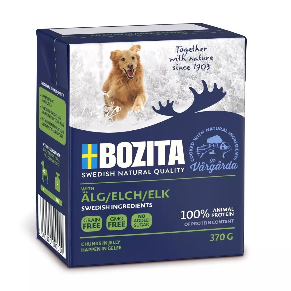 Bozita våtfor til hund biter i gele m/elg 370gr, 7300330042644, Hundemat, Robur-Bozita, Bozita/Robur, Imazo AB, 'BOZITA NATURALS ELK370GR 6-PACK TETRA