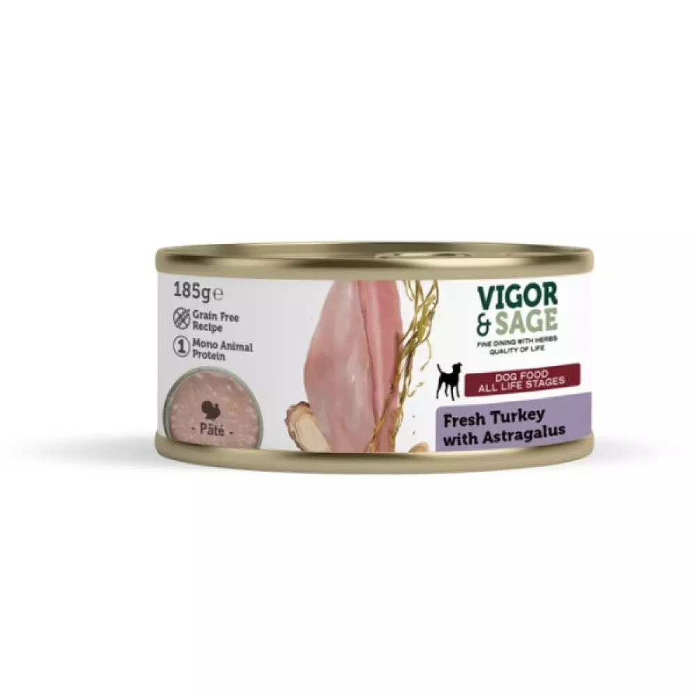Vigor & Sage Fresh Turkey & Astragalus Hundemat -12 x 185G Can Astragalus & Fresh Turkey Dog Food-185G Can 04260468179199