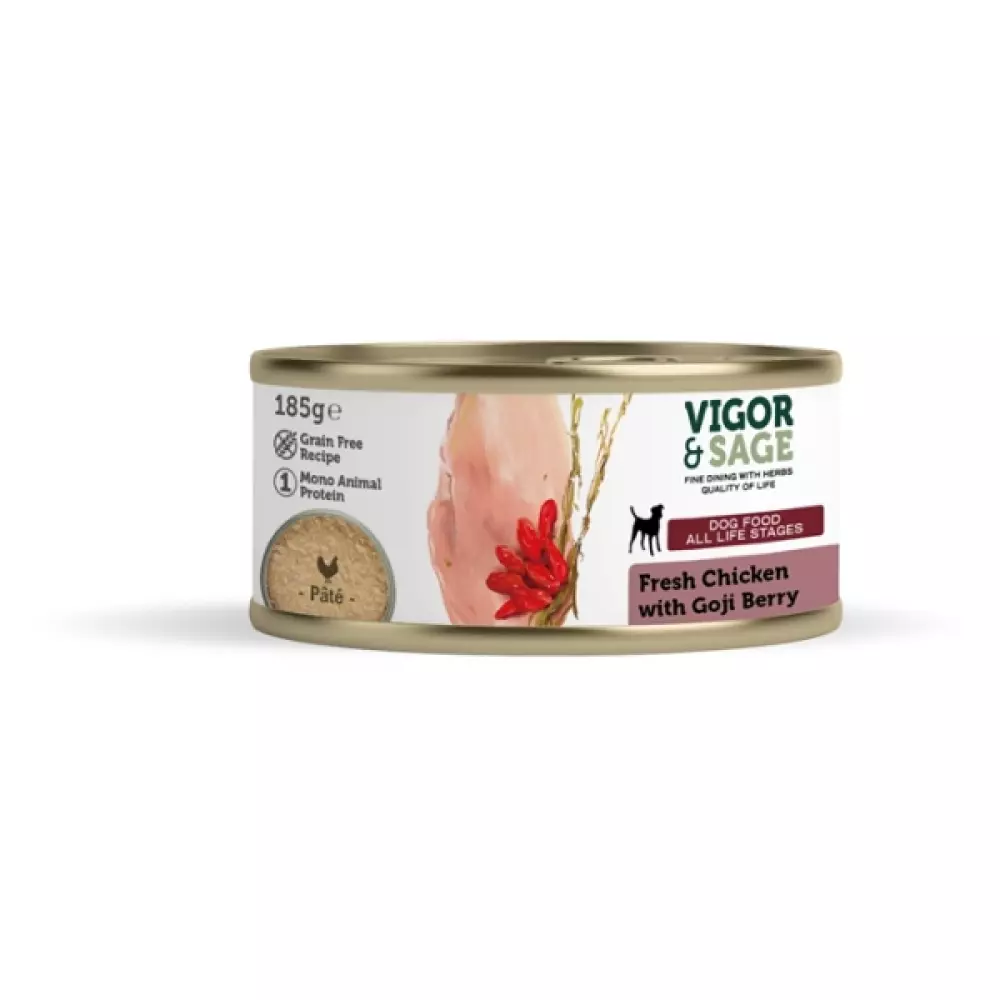 Vigor & Sage Fresh Chicken & Goji Berry Hundemat- 12 x 185G Can Goji Berry & Fresh Chicken Dog Food-185G Can 0426046817915