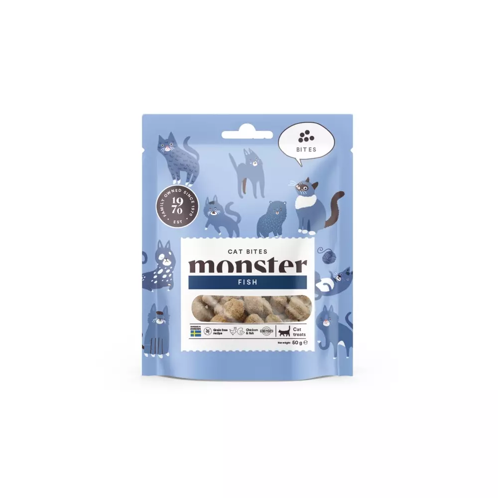 Monster kattegodbiter, Monster Cat Bites Fish 50 g, Katteutstyr, Kattegodbiter