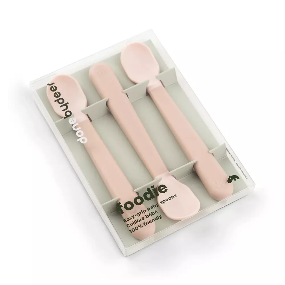 Foodie Easy-Grip Babyskje Pudder, 5712643053408, 1146511, Kjøkken, Barn, Done by Deer, Foodie easy-grip baby spoon 3-pack Powder