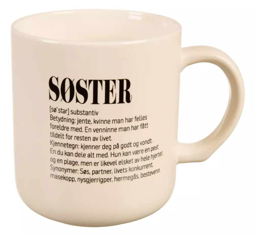 Definisjon Krus - Søster, 7070056088027, 115458, Kjøkken, Krus og Skåler, Børscompagniet, Krus definisjon hvit m/sort Søster 330ml 8,2x9,3cm 200g 