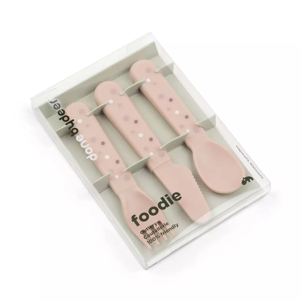 Foodie Bestikksett Happy Dots Pudder, 5712643047728, 1236521, Kjøkken, Barn, Done by Deer, Foodie cutlery set Happy dots Powder