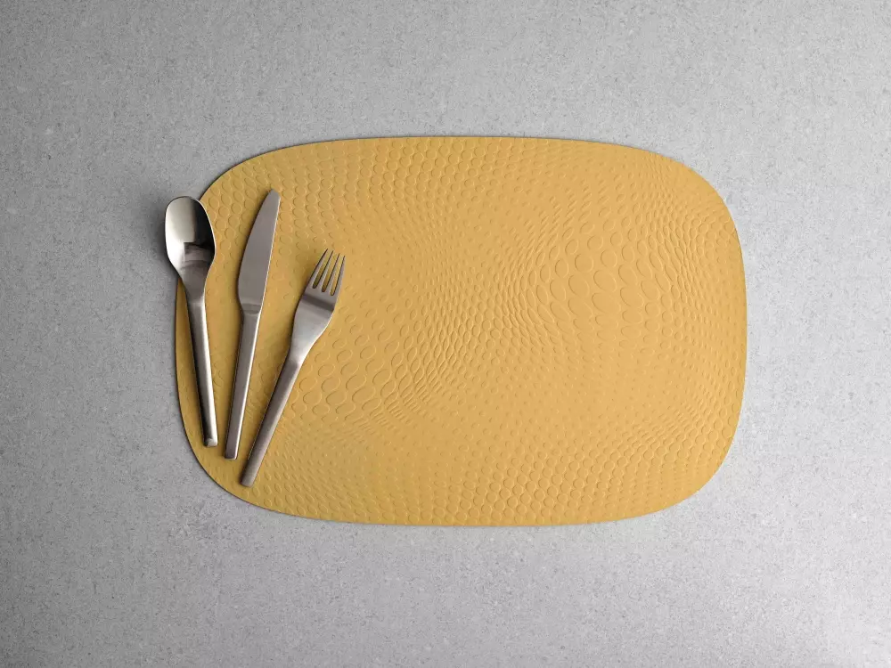 Karim Rashid Dekkebrikke Mustard, 5709554136047, 13604, Kjøkken, Dekkebrikker, Aida, Karim Rashid Mustard dækkeserviet 95% genbrugslæder 1 stk 45,0x30,6 cm