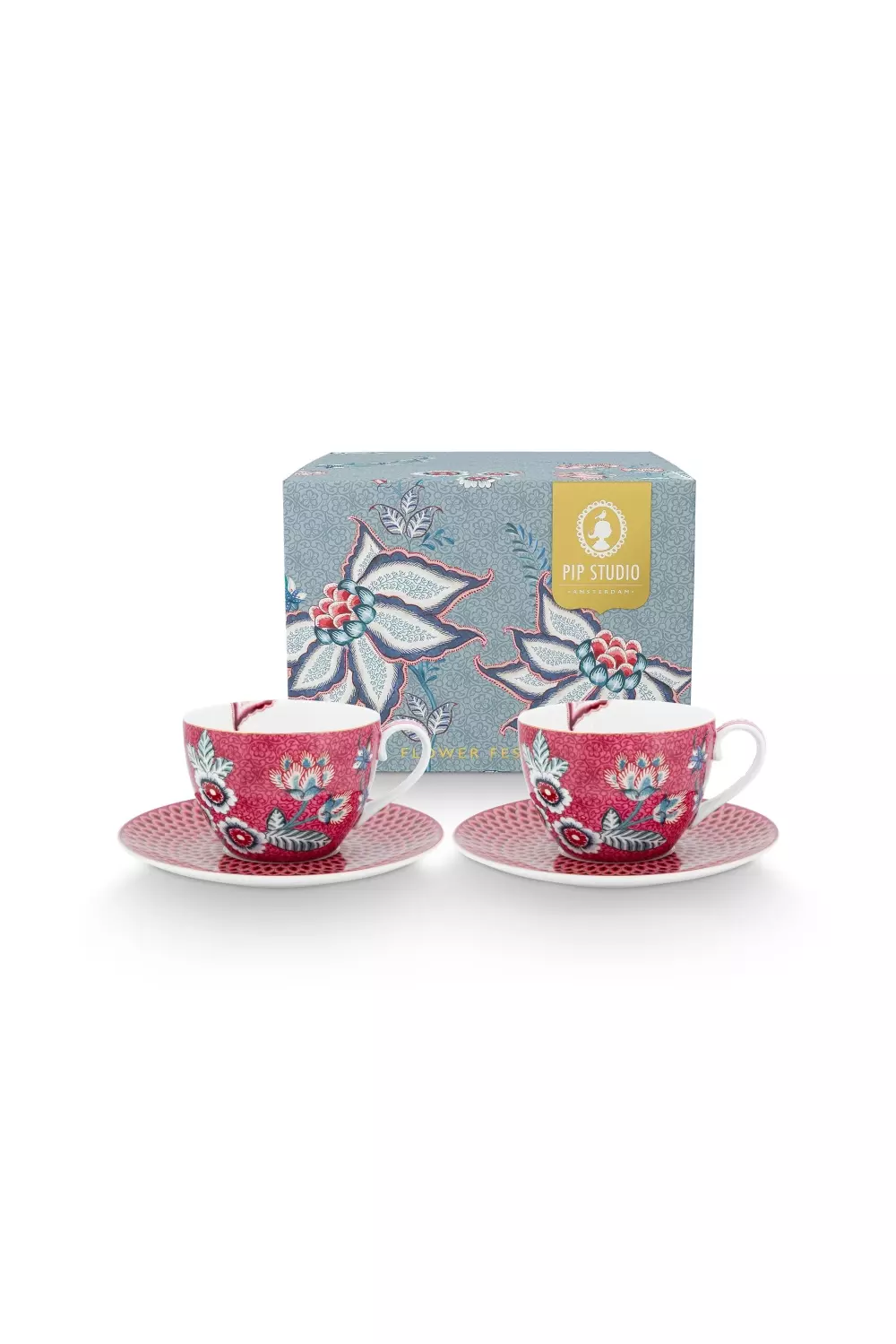 Set/2 Cups & Saucers Flower Festival Dark Pink 280ml, 8720604946277, 51.004.147, Kjøkken, Serviser, Pip Studio, New Edition Home bv