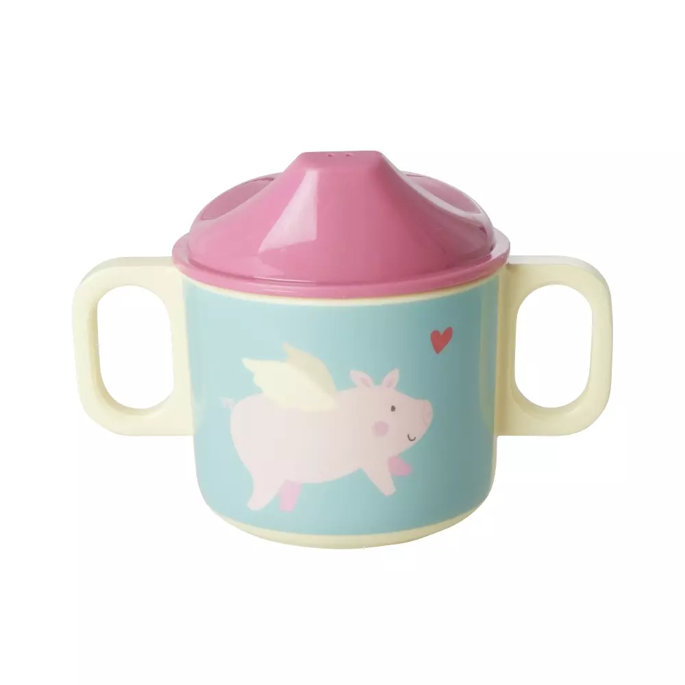 Melamin Barnekopp Flying Pigs, 5708315245783, BABCU-2HFLYP, Kjøkken, Melamin- & Treservise, Rice, Melamine 2 Handle Baby Cup with Flying Pig Print