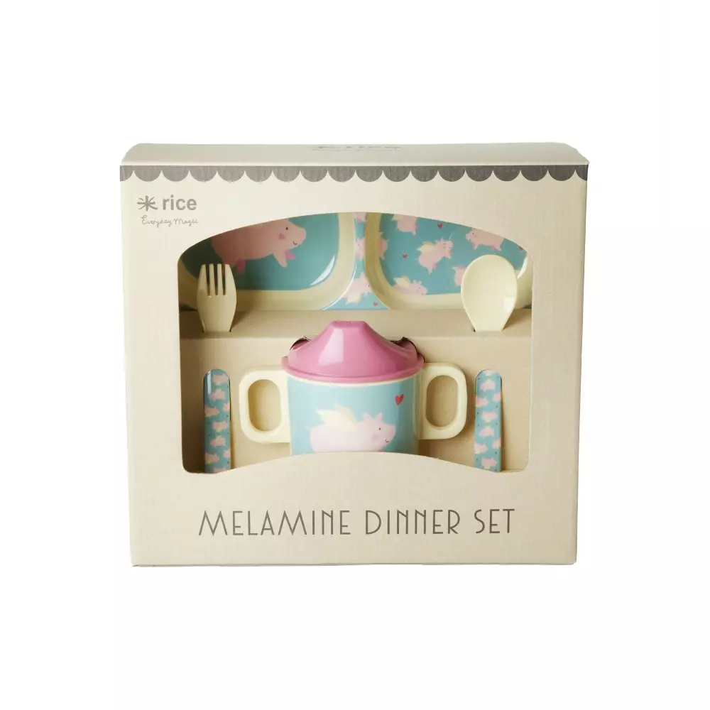 Melamin Gavesett Barn/Baby, 5708315245943, BABOX-4ZFLYP, Kjøkken, Melamin- & Treservise, Rice, Melamine Baby Dinner Set in Gift Box - Flying Pig Print - 4 pcs.