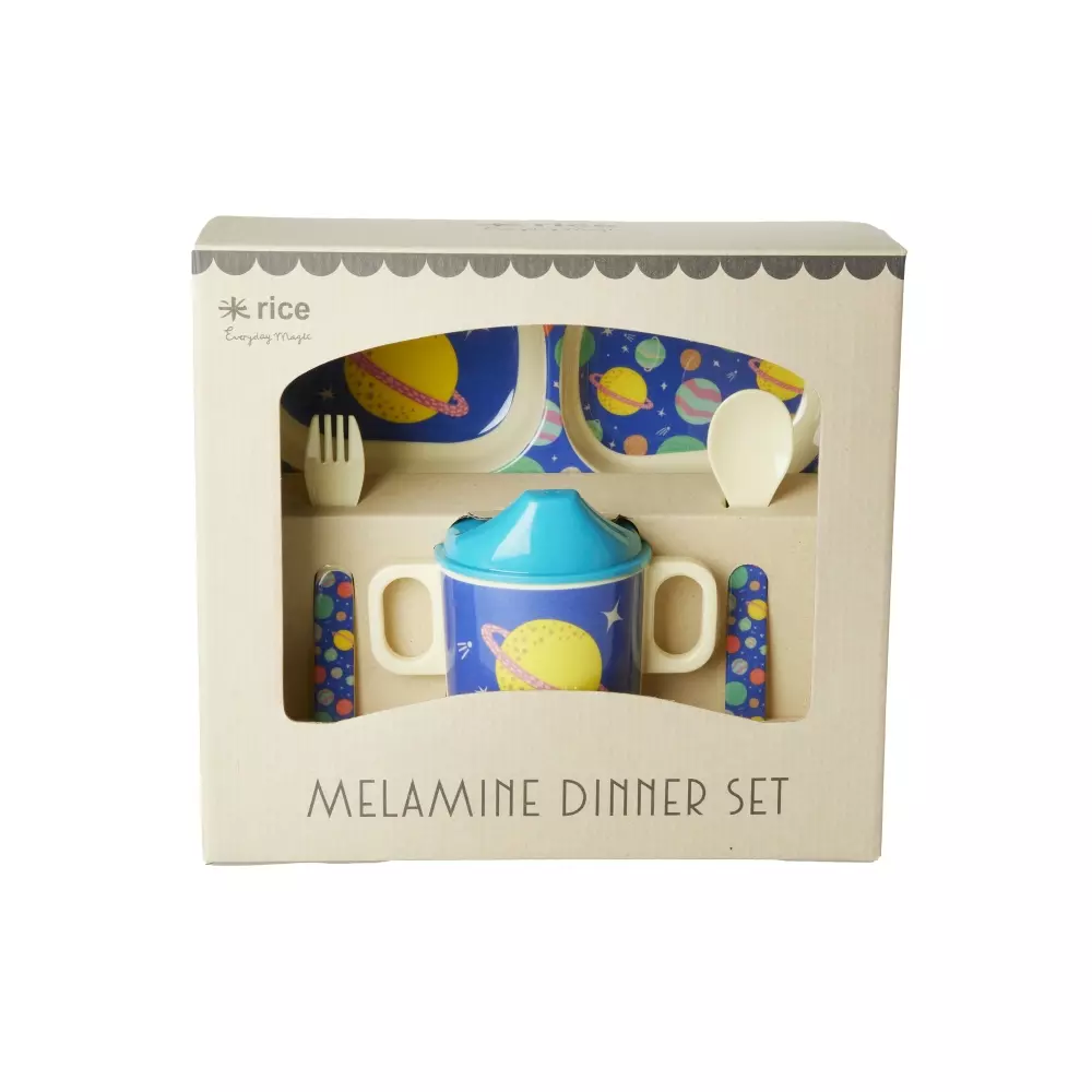 Melamin Gavesett Barn/Baby, 5708315245936, BABOX-4ZGALAXY, Kjøkken, Melamin- & Treservise, Rice, Melamine Baby Dinner Set in Gift Box - Galaxy Print - 4 pcs.