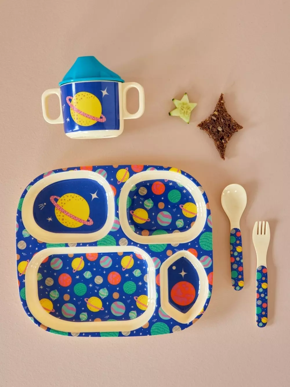 Melamin Gavesett Barn/Baby, 5708315245936, BABOX-4ZGALAXY, Kjøkken, Melamin- & Treservise, Rice, Melamine Baby Dinner Set in Gift Box - Galaxy Print - 4 pcs.