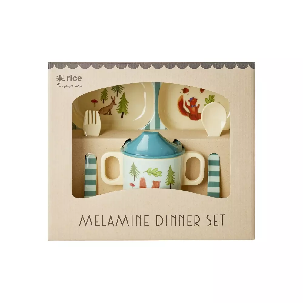 Melamin Gavesett Barn/Baby Blue Happy Forest, 5708315258233, BABOX-4ZHAFOB, Kjøkken, Barn, Rice, Melamine Baby Dinner Set in Gift Box - Blue Happy Forest Print - 4 pcs