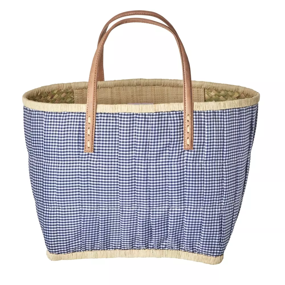 Raffia Veske Large Marineblå, 5708315246704, BGLEA-VIDNL, Accessories, Vesker, Rice, Raffia Bag with Dark Navy Vichy Fabric - Leather Handles - Large