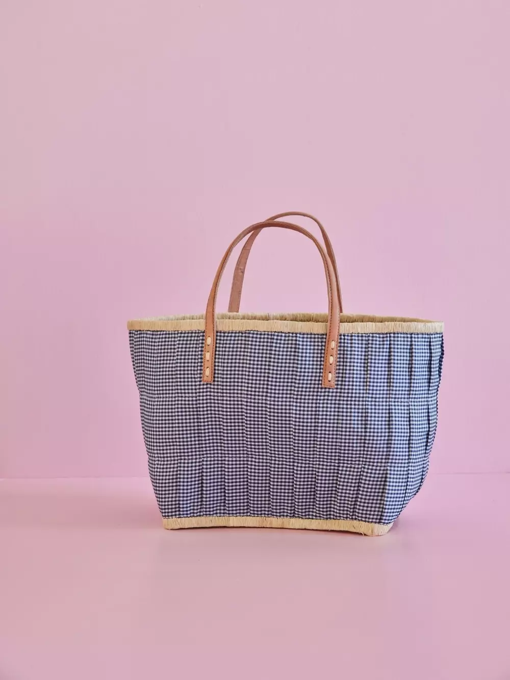 Raffia Veske Large Marineblå, 5708315246704, BGLEA-VIDNL, Accessories, Vesker, Rice, Raffia Bag with Dark Navy Vichy Fabric - Leather Handles - Large