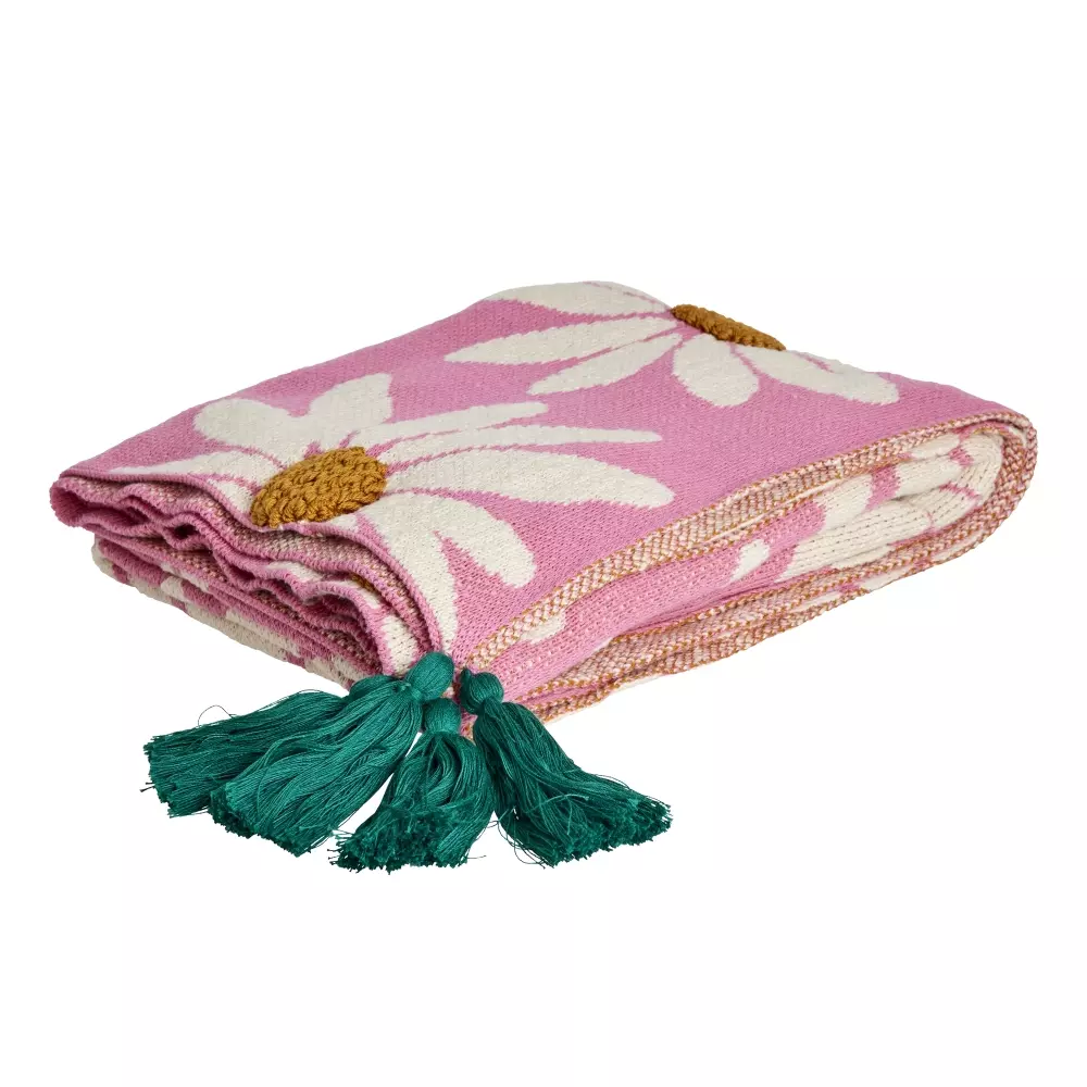 Strikket Pledd Rosa Med Blomster, 5708315258691, BLCOT-FLOWI, Tekstil, Pledd, Rice, Knitted Blanket in Pink with Embossed Flowers and Green Tassels