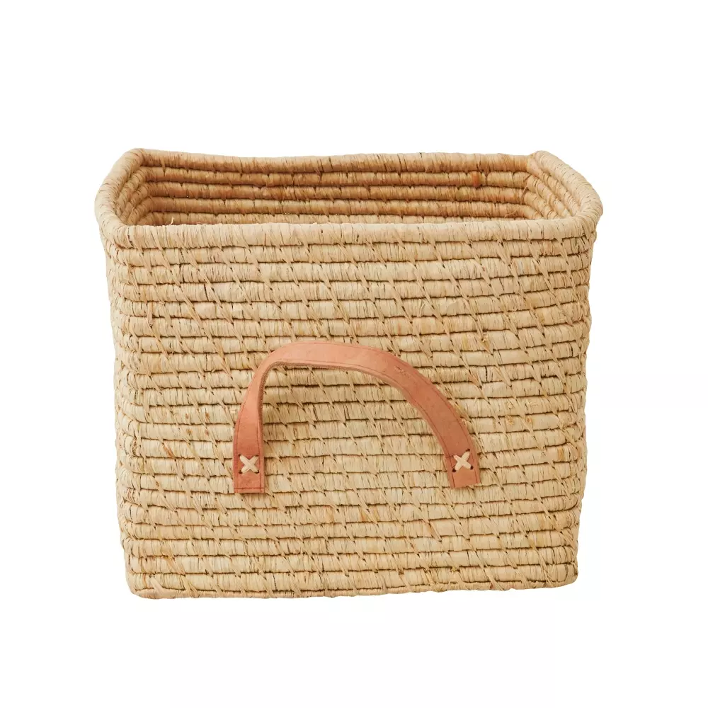 Raffia Kurv Med Skinn Håndtak, 5708315800197, BSRAT-30N, Interiør, Kurv, Rice, Raffia Square Basket with Leather Handles - Natural