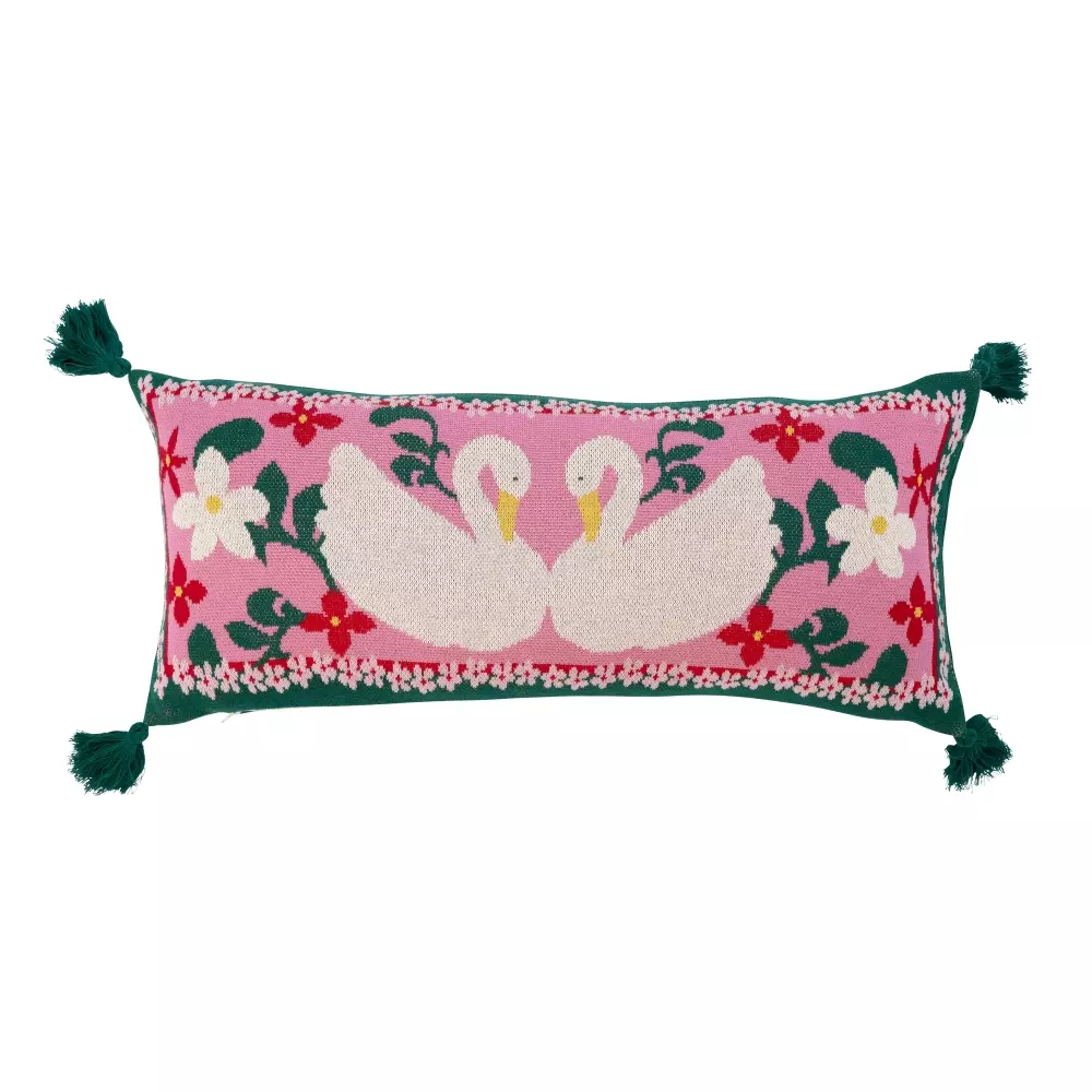 Strikket Pute Med Dusker Svaner, 5708315258677, CSREC-SWANS, Tekstil, Puter og Putetrekk, Rice, Rectangular Knitted Cushion with Swans and Tassels - Pink