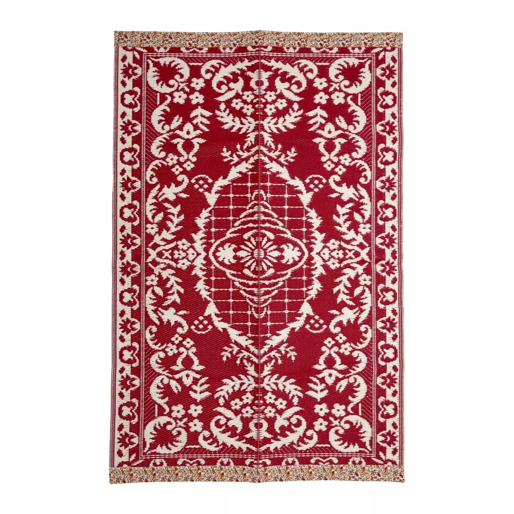 Teppe Ute/Inne Rødt, 5708315254518, FLCAR-R, Interiør, Tepper, Rice, Recycled Plastic Carpet with Red Design with Flower Borders