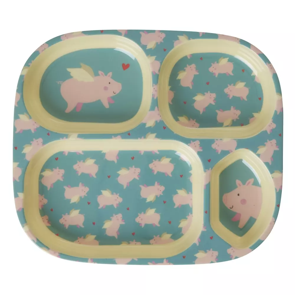 Melamin Asjett Flying Pig, 5708315245684, KIPL4-FLYP, Kjøkken, Melamin- & Treservise, Rice, Melamine Kids 4 Room Flying Pig Print