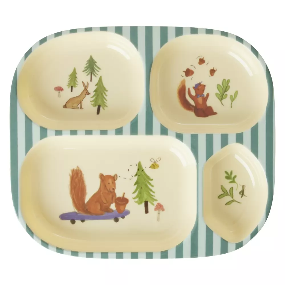 Melamin Asjett Romdelt Blue Happy Forest, 5708315257298, KIPL4-HAFOB, Kjøkken, Barn, Rice, Melamine Kids 4 Room Plate with Blue Happy Forest Print