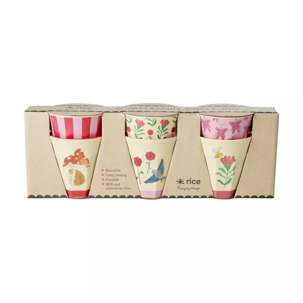 Melaminkopper Pink Happy Forest, 5708315257854, MELCU-6ZSHAFOI, Kjøkken, Melamin- & Treservise, Rice, Melamine Cups with Asst. Pink Happy Forest Prints - Small - 6 Pack - 160 ml