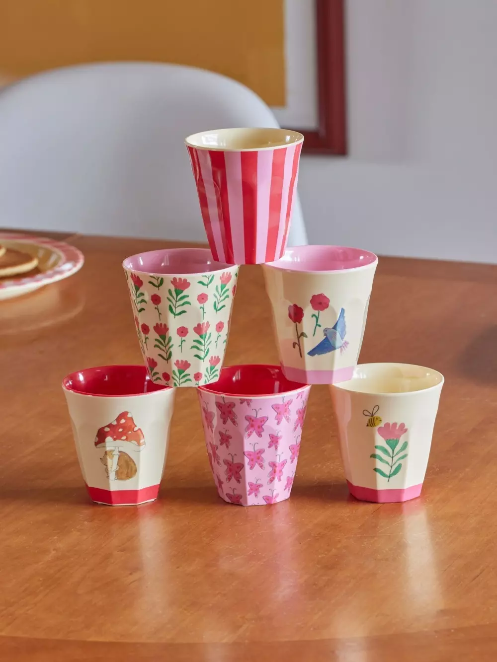 Melaminkopper Pink Happy Forest, 5708315257854, MELCU-6ZSHAFOI, Kjøkken, Melamin- & Treservise, Rice, Melamine Cups with Asst. Pink Happy Forest Prints - Small - 6 Pack - 160 ml