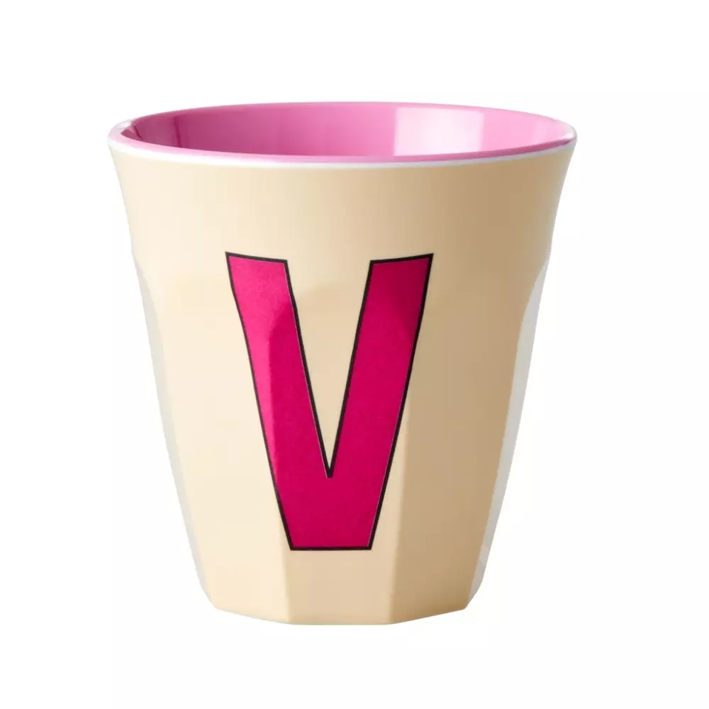 Melamin Bokstavkopp V H9 Rosa, 5708315211825, MELCU-ALPVI, Kjøkken, Melamin- & Treservise, Rice, Melamine Cup with the Letter V - Soft Yellow - Two Tone - Medium