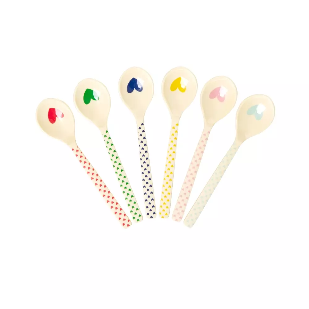 Teskjeer Melamin Hearts 6pk, 5708315205541, MELSP-SFAVXCP, Kjøkken, Melamin- & Treservise, Rice, Melamine Teaspoon with 6 Asst. Favorite Hearts Print - Single