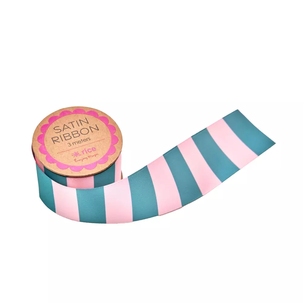 Sateng Silkebånd Rosa & Grønn Striper S 3m, 5708315258974, WRRIB-SSAGI, Tekstil, Diverse Tekstil, Rice, Satin Ribbon in Pink and Green Stripes - Small - 3 m