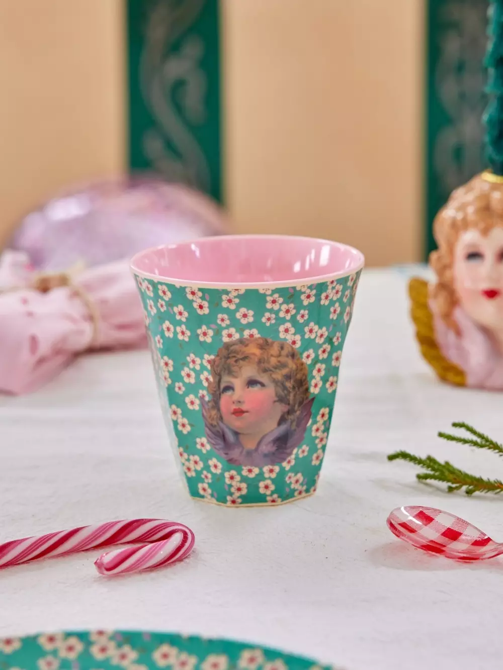 Melaminkopp Engel Grønn M, 5708315255577, XMECU-PH4ANG, Kjøkken, Melamin- & Treservise, Rice, Melamine Cup with Angel Print - Green - Medium - 250 ml