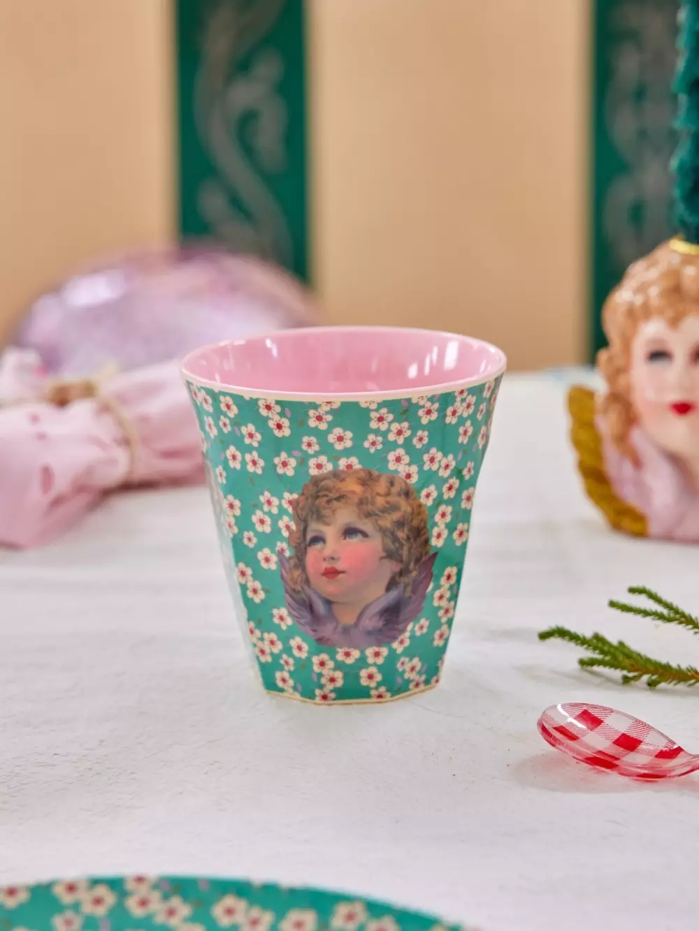 Melaminkopp Engel Grønn M, 5708315255577, XMECU-PH4ANG, Kjøkken, Melamin- & Treservise, Rice, Melamine Cup with Angel Print - Green - Medium - 250 ml