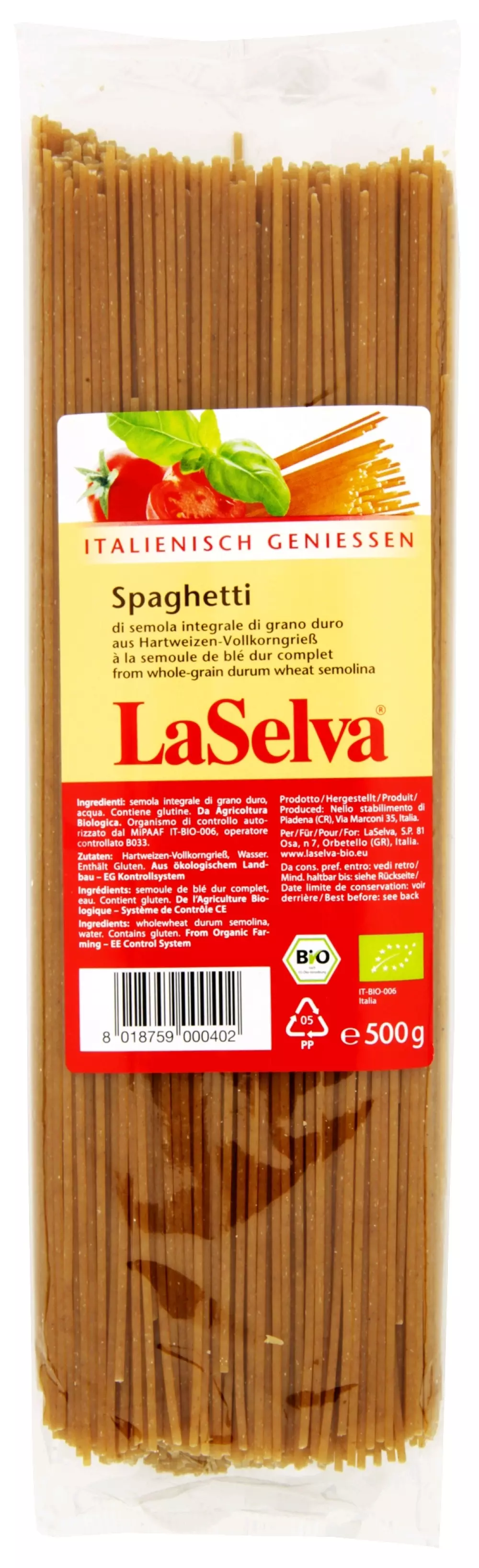 Fullkorn Spaghetti 500g. Øko - La Selva Pasta Integrali Spaghetti 500g 0407 SEL 8018759000402 Lang La Selva Bio