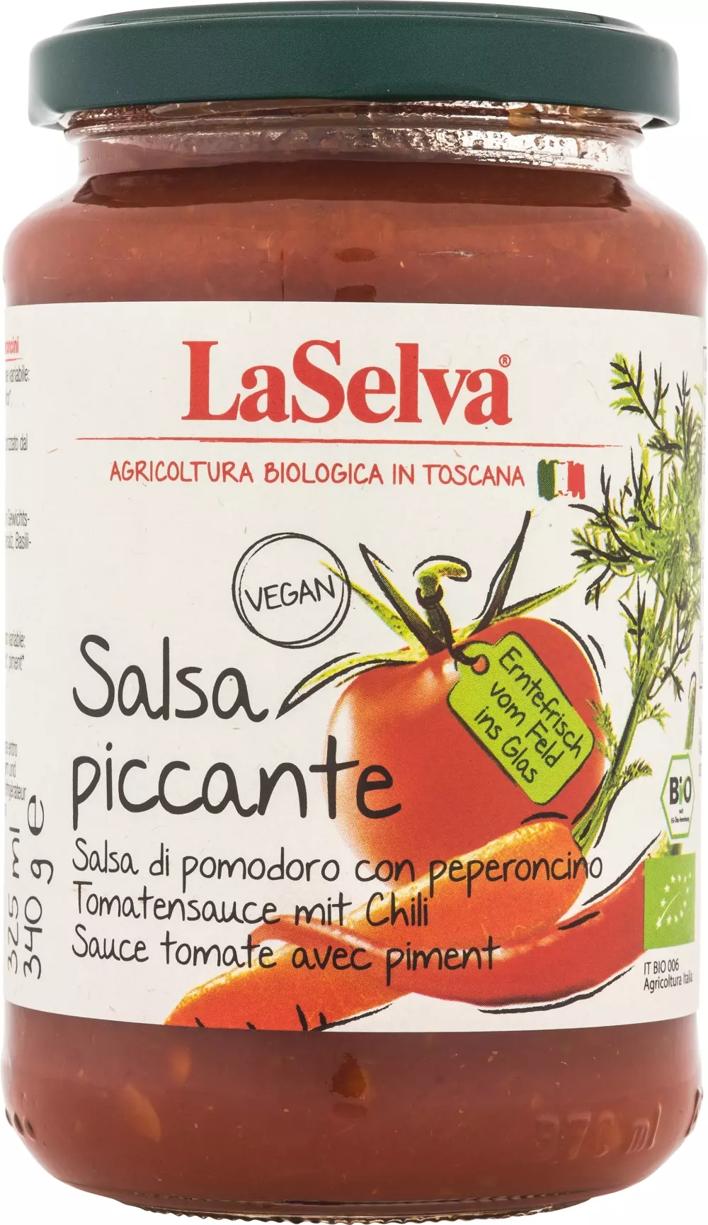 Salsa piccante 340g. Øko - La Selva, 8053323640226, 8018759000907, Pastasaus, klar til bruk, La Selva Bio, 110092, Pastasaus med chili 340g. Øko - La Selva