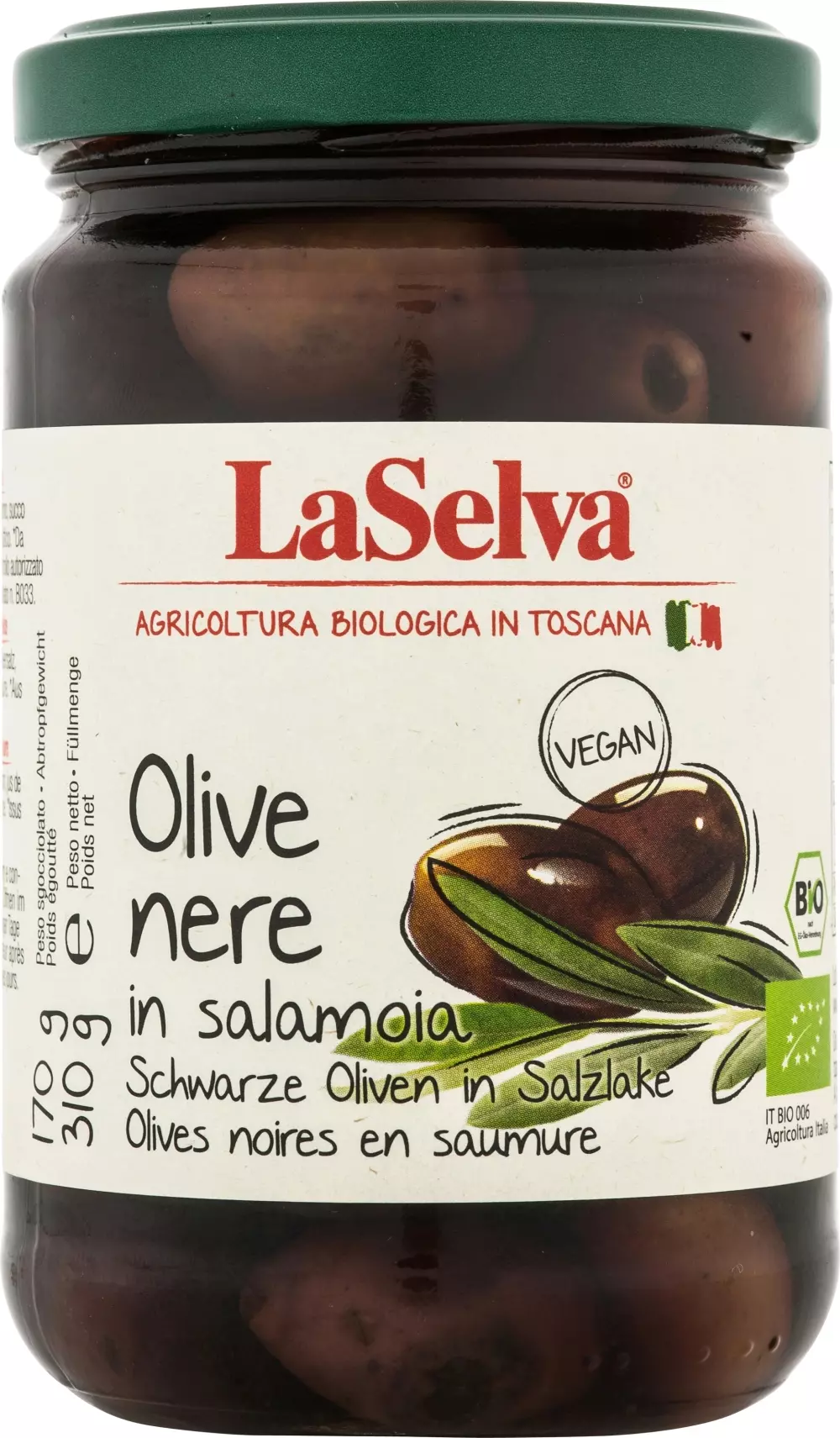 Olive nere 310g. Øko - La Selva, 8053323640127, 8018759001324, Oliven, med sten, La Selva Bio, 240057, Svarte oliven 310g. Øko - La Selva