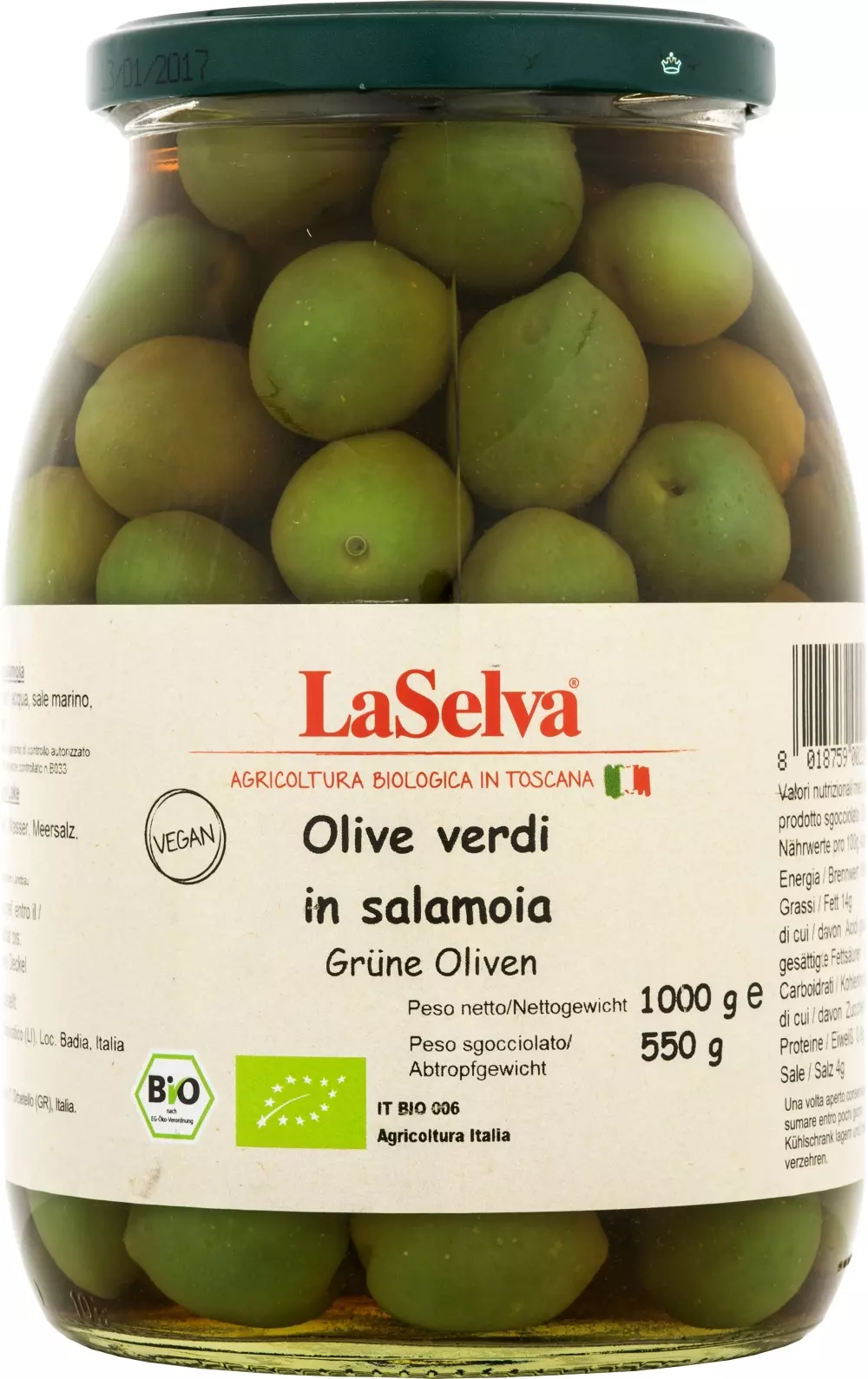 Olive verdi 1 Kg. Øko - La Selva, 8053323641148, 8018759002284, Oliven, med sten, La Selva Bio, 240086, Grønne oliven 1 Kg. Øko - La Selva