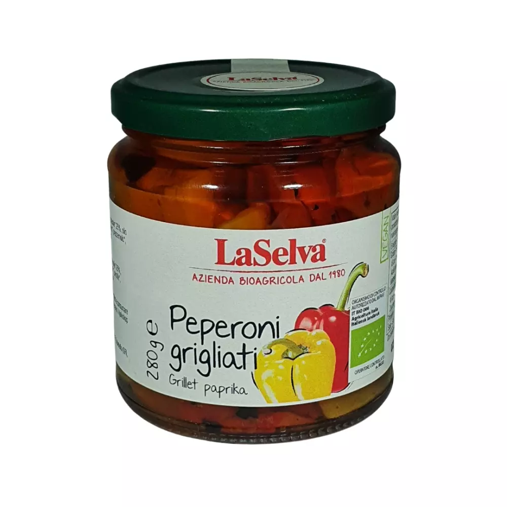 Peperoni grigliati ØKO (280g) in olio di oliva - La Selva BIO, 8053323640141, 8018759003304, Antipasti, andre, La Selva Bio, 120099, Økologisk grillet paprika i olivenolje og litt hvitvinseddik.