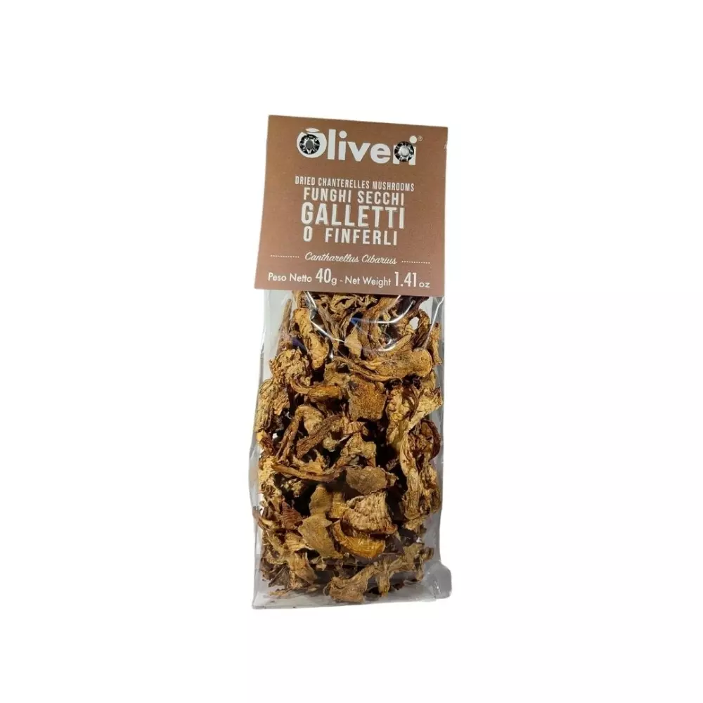 Funghi secchi Galletti (o Finferli) 40g - Oliveri, 8032632494874, 80750003, Trøffel og sopp, Andre sopp, Oliveri, 487, Tørket kantarell fra Piemonte