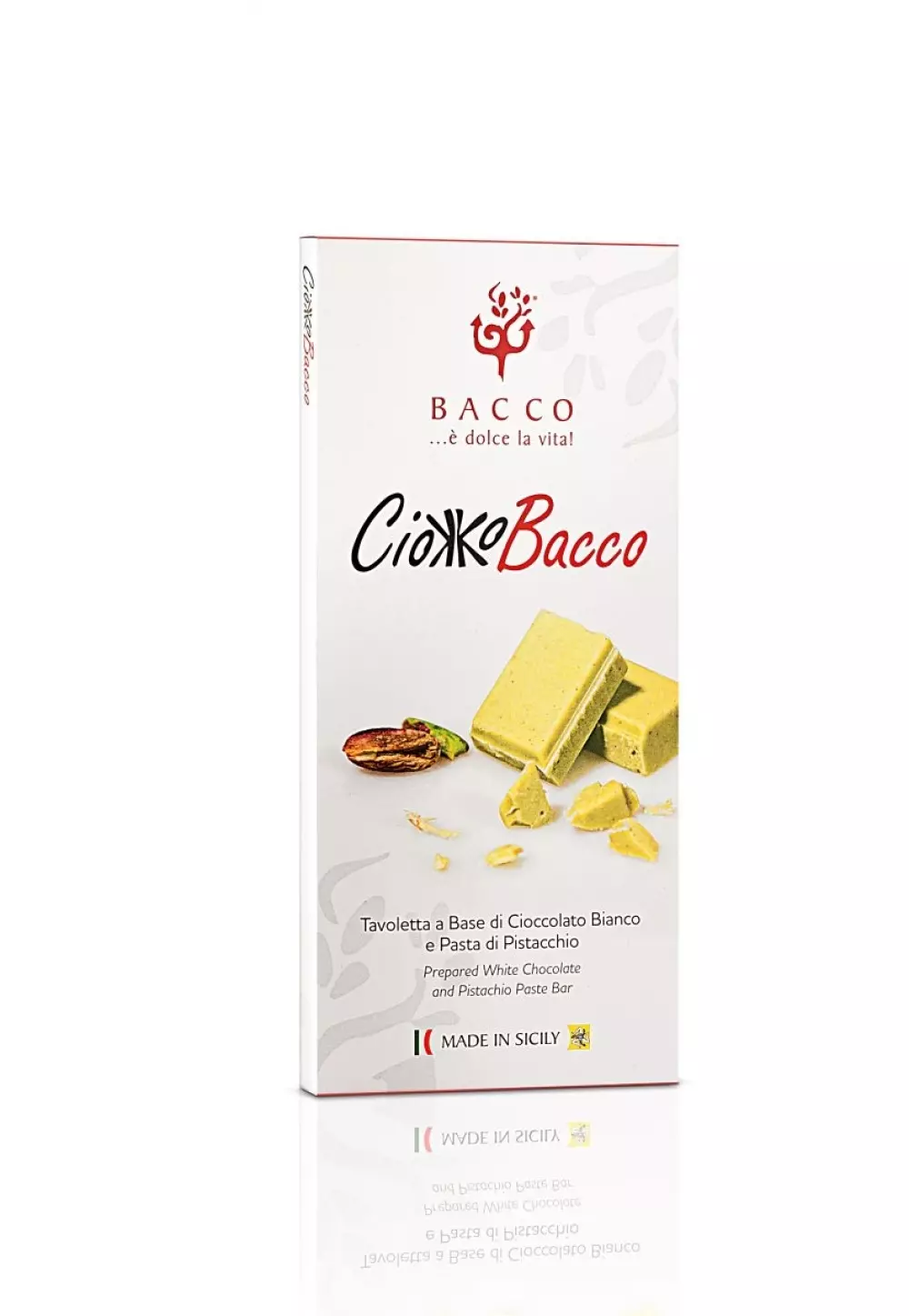 Ciokko bacco 100gr - Bacco, 8033462983729, 80751039, Sjokolade, plater, Bacco SRL, 372, Hvit sjokolode med pistasjkrem.