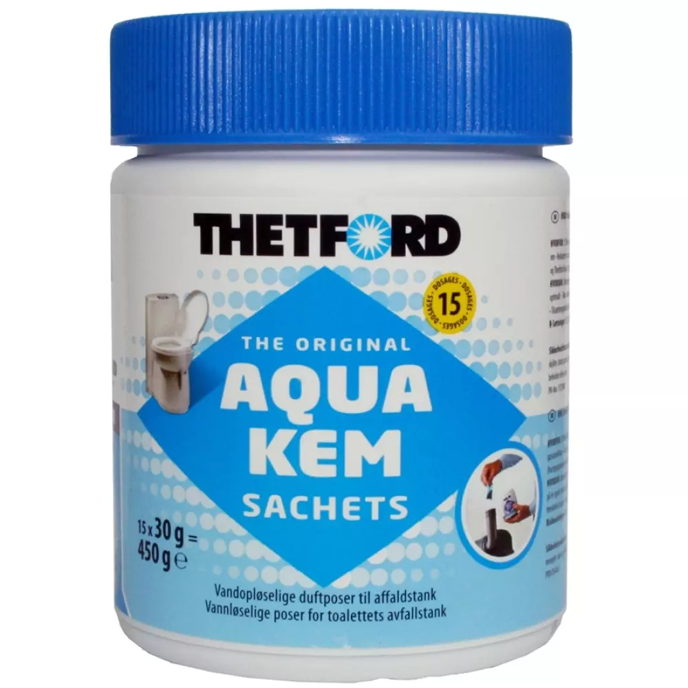 Aqua Kem Sachets, 8710315030709, 1006656, FLAK AS, Sanitærvæske Aqua Kem Blue Sachets, Oppløser seg i septiktanken slik at du får en riktig dosering hver gang. En pose er nok til 20 liter og varer i ca 4-5 dager. Hver boks inneholder 15 poser