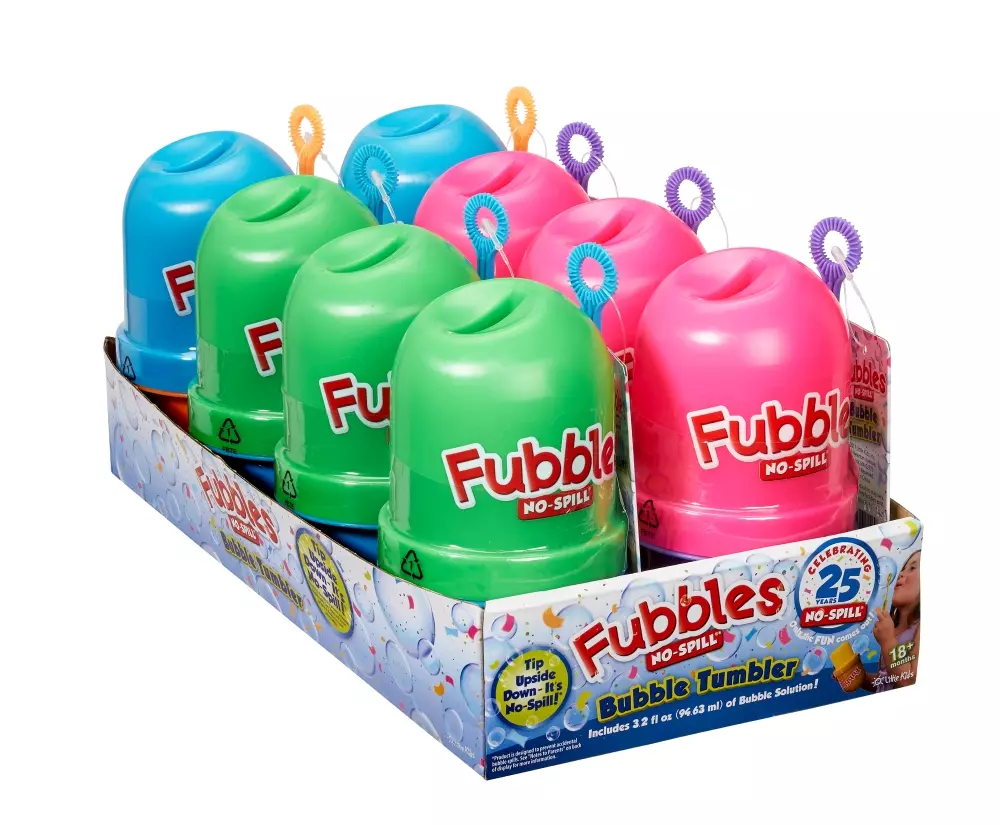 FUBBLES NO-SPILL BUBBLE TUMBLER®, 10093539991496, Såpebobler, No-Spill, FUBBLES NO-SPILL, LITTLE KIDS, INC, FUBBLES NO-SPILL BUBBLE TUMBLER 8PC PDQ, 99149TNE, 95 mL såpeboble blanding. Leveres i 8 pakk Display