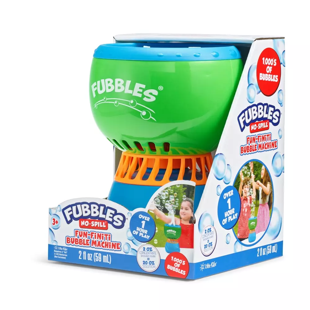 FUBBLES NO-SPILL FUN-FINITI SÅPEBOBLE MASKIN, 10093539004561, Såpebobler, Maskiner, FUBBLES NO-SPILL, LITTLE KIDS, INC, FUBBLES NO-SPILL FUN-FINITI BUBBLE MACHINE, 456TNE, 59mL såpeboble konsentrat.