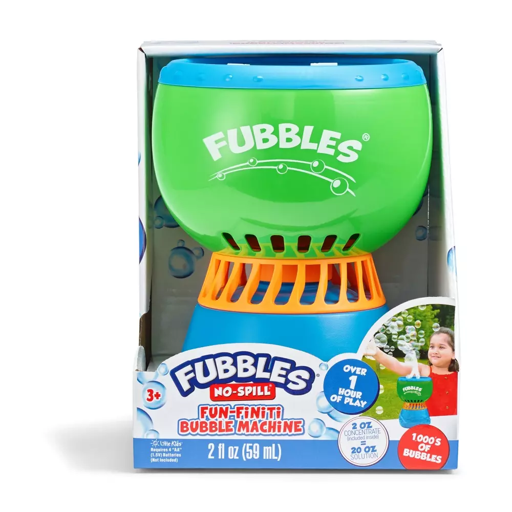 FUBBLES NO-SPILL FUN-FINITI SÅPEBOBLE MASKIN, 10093539004561, Såpebobler, Maskiner, FUBBLES NO-SPILL, LITTLE KIDS, INC, FUBBLES NO-SPILL FUN-FINITI BUBBLE MACHINE, 456TNE, 59mL såpeboble konsentrat.