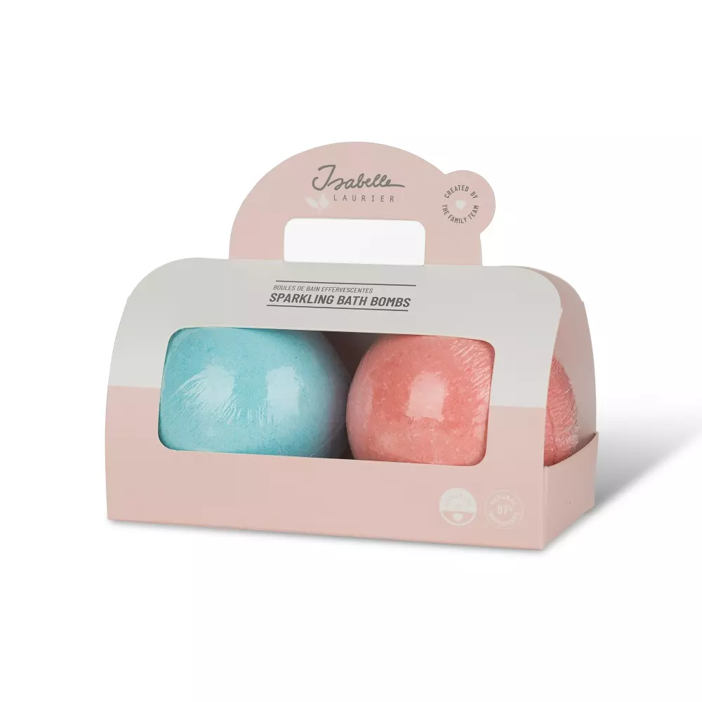 SETT MED 2 BADEBOMBER - JORDBÆR OG HAVET - 2 X 175G, 5420071704235, Velvære mamma'er, Gavesett, ISABELLE LAURIER, DE LAURIER BVBA, SET OF 2 BATH BOMBS - STRAWBERRY AND OCEAN - 2 x 175G, 42436